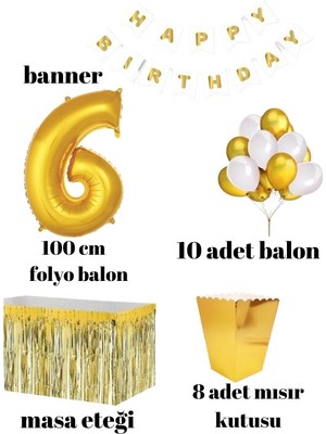 Parti Furyası 6yaş  Beyaz Gold Balon Rakam Folyo Banner Mısır Kutusu Masa Eteği Doğum Günü Parti Seti