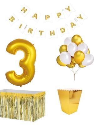 Parti Furyası 3 Yaş   Beyaz Gold Balon Rakam Folyo Banner Mısır Kutusu Masa Eteği Doğum Günü Parti Seti