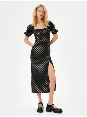 Koton Puantiyeli Elbise Arakası Bağlamalı Pencere Detaylı Midi Boy Kısa Balon Kollu Kare Yaka