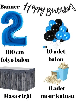 Parti Furyası 2 Yaş Mavi-Siyah Balon Rakam Folyo Banner Mısır Kutusu Masa Eteği Doğum Günüparti Seti