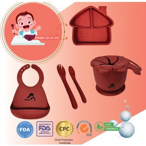 "Momia Bebek Silikon Beslenme Mama Seti - Sağlıklı ve Renkli!" set 3 - bebek yemek tabağı , bebek mama önlüğü , bebek atıştırmalık kap , bebek kaşık çatal