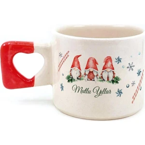 Mor Mürekkep Mutlu Yıllar 3 Noel Baba Baskılı Kırmızı Kulplu Kalp Yılbaşı Kupası