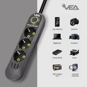 Siyah 3'lü Akım Korumalı Priz 3 USB Vea 1,5 Metre Elektronik Ürün Koruyucu Uzatma Kablosu