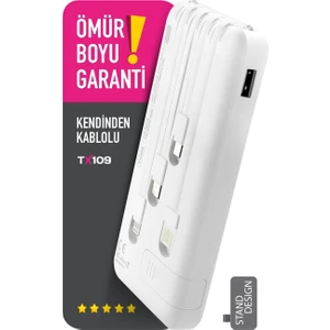 10.000 Mah Kablolu Dijital Göstergeli 10.000 Mah Garantili Dahili Stand TX109 Beyaz Powerbank