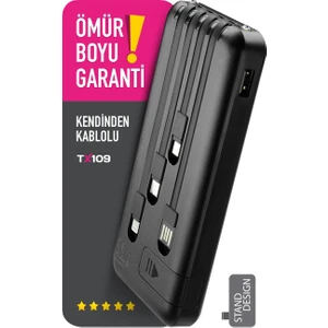 10.000 Mah Kablolu Dijital Göstergeli 10.000 Mah Garantili Dahili Stand TX109 Siyah Powerbank
