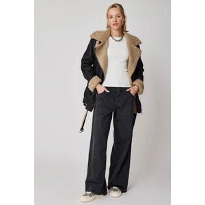 Suni Deri Içi Kürk Detaylı Uzun Biker Ceket