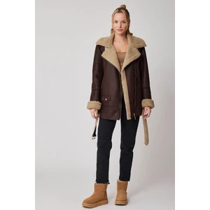 Suni Deri Içi Kürk Detaylı Uzun Biker Ceket