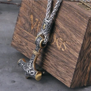 Thor Iskandinav Mjollnir Othila Işleme Aksesuarlı Örgü Zincir 316L Erkek Çelik Kolye