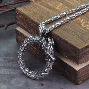 Ouroboros Ejderha Sonsuz Döngü Gri 316L Çelik Erkek Kolye