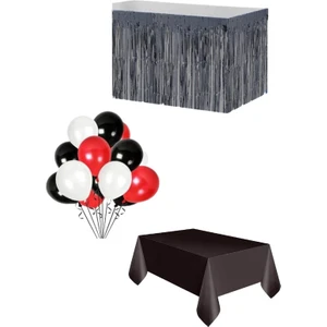 Parti Furyası Siyah Masa Örtüsü Siyah Masa Eteği  20 Adet Siyah Beyaz Kırmızı Balon Set