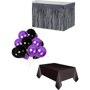 Parti Furyası Siyah Masa Örtüsü Siyah Masa Eteği  20 Adet Siyah Mor Balon Set