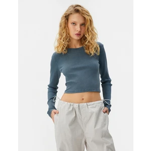 Basic Crop Tişört Soluk Efektli Uzun Kollu Bisiklet Yaka Kaşkorse Pamuklu Slim Fit