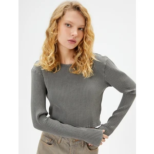 Basic Crop Tişört Soluk Efektli Uzun Kollu Bisiklet Yaka Kaşkorse Pamuklu Slim Fit