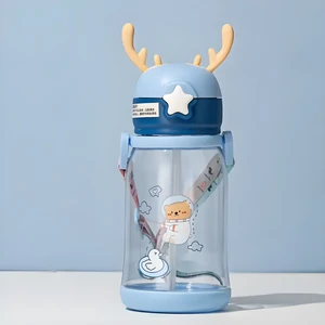 500 ml Büyük Sevimli Karikatür Pipetli Çocuk Boynuzları Kayışlı Taşınabilir Su Bardağı
