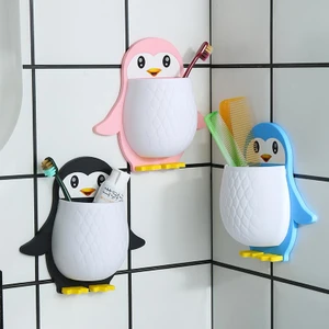 Penguen Tasarımlı Diş Fırça Macun Kutusu Yapışkanlı Çok Amaçlı Organizer