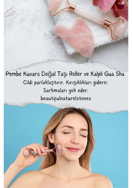 Pembe Kuvars Doğal Taşı Roller ve Kalpli Gua Sha Masaj Takımı