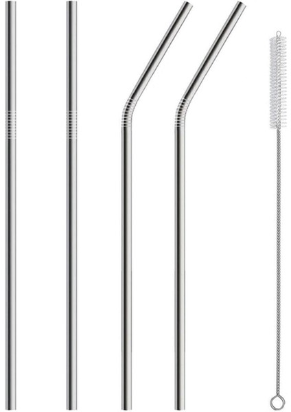 4 Parça Metal Pipet - Paslanmaz Çevre Dostu Metal Pipet Fırça Seti