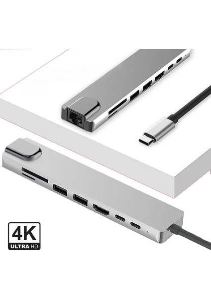 Fxn-01 Type-C™ To 4K HDMI Type-C USB 3.0 Ethernet Pd Sd 8ın1 Macbook Çevirici Hub Adaptör