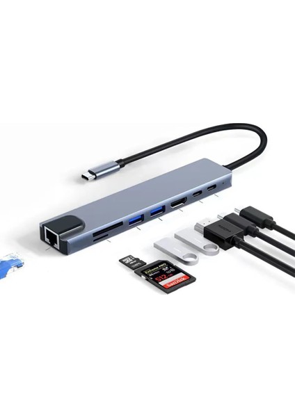 Fxn-01 Type-C™ To 4K HDMI Type-C USB 3.0 Ethernet Pd Sd 8ın1 Macbook Çevirici Hub Adaptör