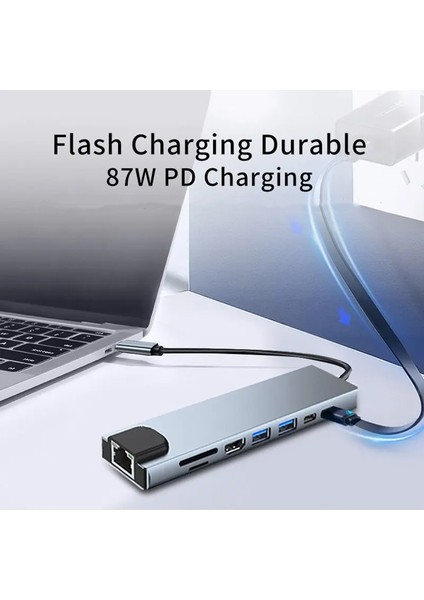 Fxn-01 Type-C™ To 4K HDMI Type-C USB 3.0 Ethernet Pd Sd 8ın1 Macbook Çevirici Hub Adaptör