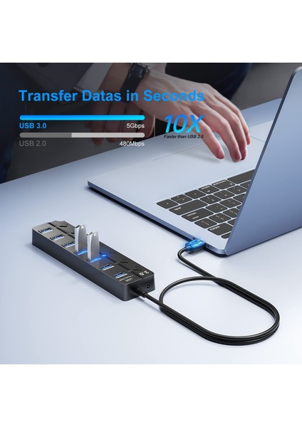 7 Bağlantı Noktalı USB Hub Bölücü Çoklu Hub USB 3.0 Adaptörü USB Birkaç Bağlantı Noktalı Anahtarlı ve Işıklı Güç Adaptörü (Yurt Dışından)