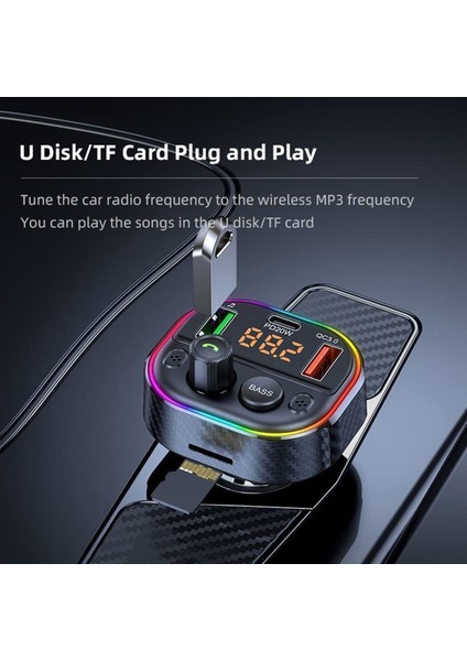 Araç Bluetooth 5.1 Fm Vericisi, Ahizesiz Arama Özellikli Bluetooth Araç Adaptörü Siri Asistanı, Renkli Arkadan Aydınlatmalı Voltmetre (Yurt Dışından)