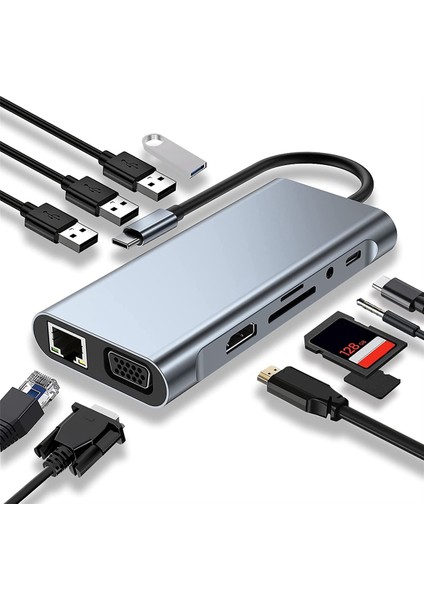 11'i 1 USB C Hub Yerleştirme Istasyonu, 4K Uyumlu, Vga, USB 3.0 Bağlantı Noktası, C Tipi Pd, RJ45 Ethernet, Sd / Tf Kart Okuyucu (Yurt Dışından)