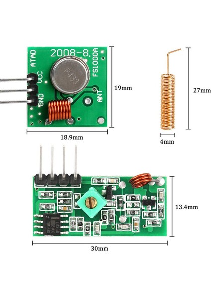 3'lü Set 433 Mhz Radyo Verici ve Alıcı Modülü + 433 Mhz Anten Helisel Spiral Yaylı Uzaktan Kumanda (Yurt Dışından)
