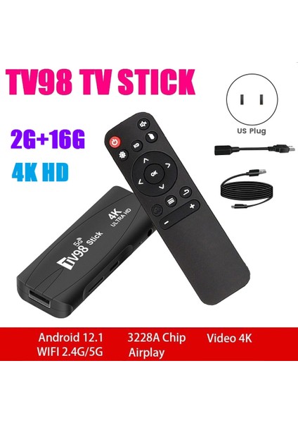 TV98 Tv Stıck 2G+16G ANDROID12.1 2.4g 5g Wifi Android Akıllı Tv Kutusu 4K 60FPS Set Üstü Kutu (Abd Plug) (Yurt Dışından)