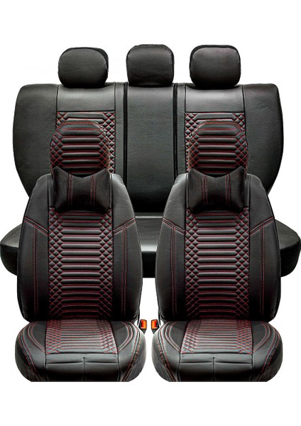 Seat Leon Uyumlu Deri Oto Koltuk Kılıfı Ön-Arka 5li Set Special Seri Siyah-Kırmızı