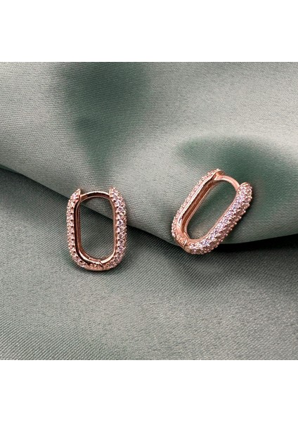 Rose Kaplama Zirkon Taşlı Oval Küpe