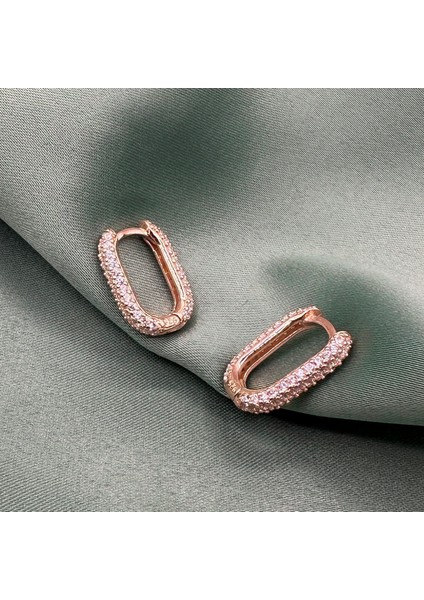 Rose Kaplama Zirkon Taşlı Oval Küpe