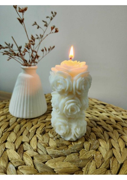 Gül Desen Silindir Kokulu Soya Mum - Krem modelleri