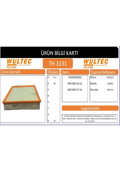 TH 3131 Hava Fıltresı(Mercedes-Benz Sprınter Iı 906 Uyumlu Hava Filtresi