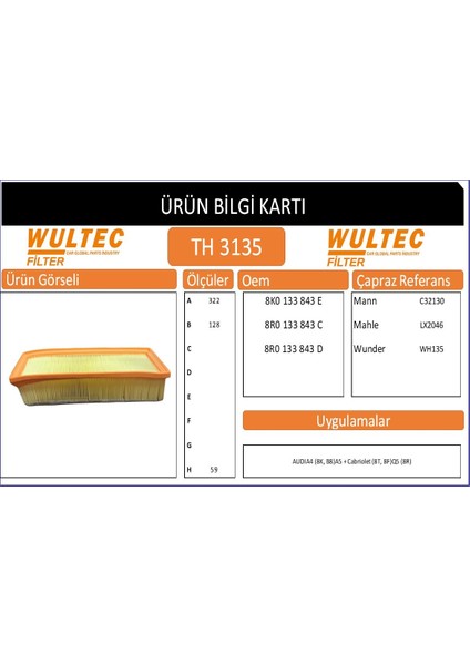 TH 3135 Hava Fıltresı(Audı A4 B8 1.8tfsı-2.0tfsı-2.0tdı (2008>) Uyumlu Hava Filtresi