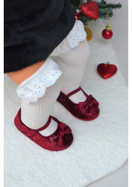 Bordo Parıltılı Kadife Kız Bebek Lastikli Ilk Adım BABET-F-541 fiyatları