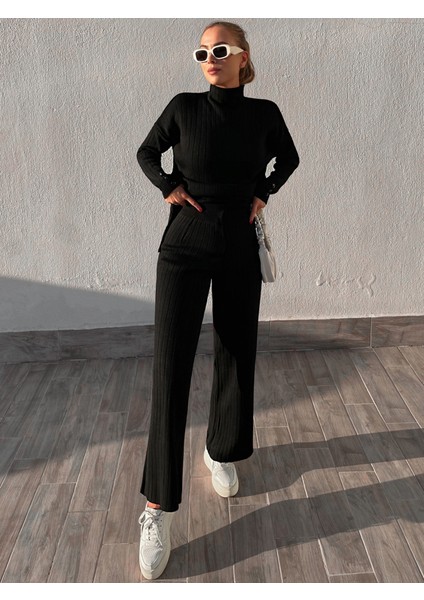 Kadın Siyah Ispanyol Kesim Boğazlı Triko Takım fiyatları