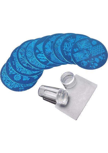 10 Adet Damgalama Plakası + Şeffaf Silikon Stamper + Kazıyıcı Nail Art Resim Damga Aracı Manikür Şablonu WH998 (Yurt Dışından)