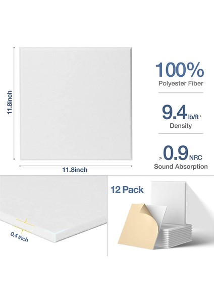 Kendinden Yapışkanlı Akustik Paneller 12 Paket, 12 x 12 x 0,4 Inç Ses Geçirmez Dolgu, Ev Için Ses Emici Panel, Beyaz (Yurt Dışından) fiyatları