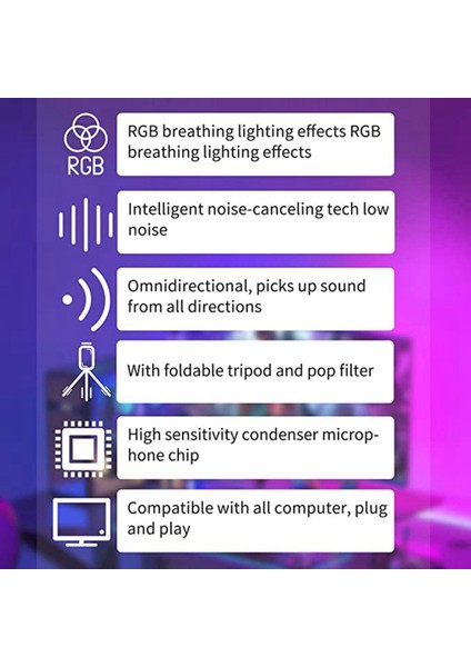 Rgb USB Kondenser Mikrofon Kardioid Oyun Mikrofonu, Şok Emme Monteli Filtreli (Yurt Dışından)