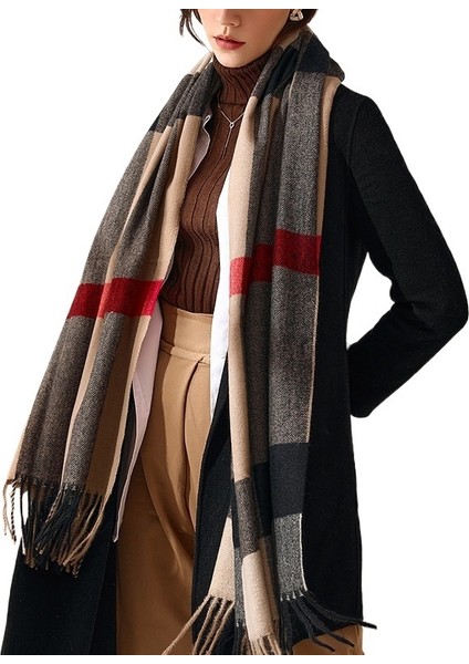 Eşarp Kadın Ekose Baskılı Püskül Taklit Kaşmir Eşarp Moda Sıcak Şal Eşarp (Yurt Dışından)