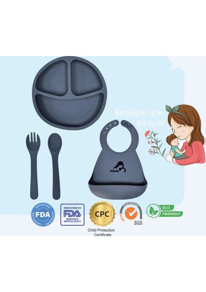 "Momia Bebek Silikon Beslenme Mama Seti - Sağlıklı ve Renkli!" set 6 - bebek mama tabağı , bebek mama önlüğü , bebek kaşık çatal