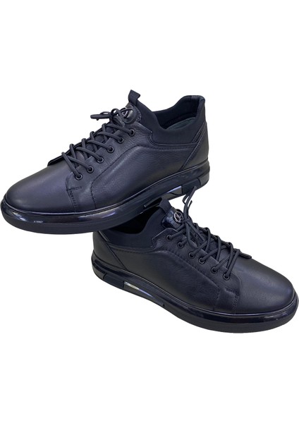 Erkek Streç-Lastik Bağcıklı Deri Siyah Poli TABAN-1983-SİYAH