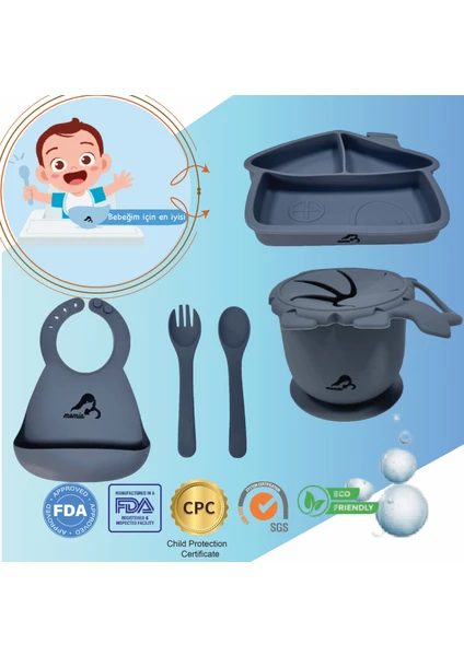 "Momia Bebek Silikon Beslenme Mama Seti - Sağlıklı ve Renkli!" set 3 - bebek yemek tabağı , bebek mama önlüğü , bebek atıştırmalık kap , bebek kaşık çatal