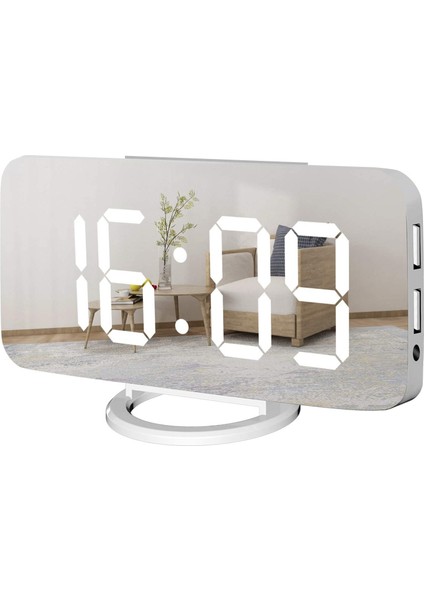 Dijital Çalar Saat Aynalı LED Ekran, USB Şarj Cihazı, Erteleme Fonksiyonu Loş Modu Yatak Odası Için Masa Saatinin Yanında Beyaz (Yurt Dışından)