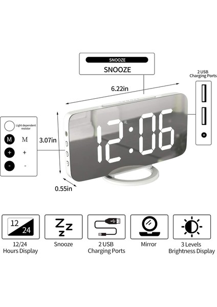 Dijital Çalar Saat Aynalı LED Ekran, USB Şarj Cihazı, Erteleme Fonksiyonu Loş Modu Yatak Odası Için Masa Saatinin Yanında Beyaz (Yurt Dışından)