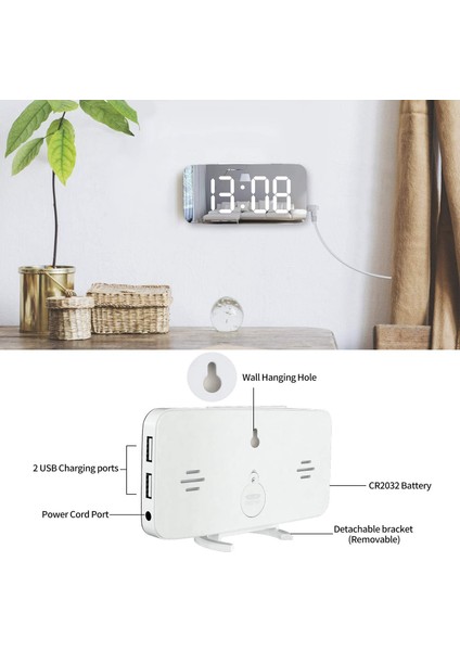 Dijital Çalar Saat Aynalı LED Ekran, USB Şarj Cihazı, Erteleme Fonksiyonu Loş Modu Yatak Odası Için Masa Saatinin Yanında Beyaz (Yurt Dışından)
