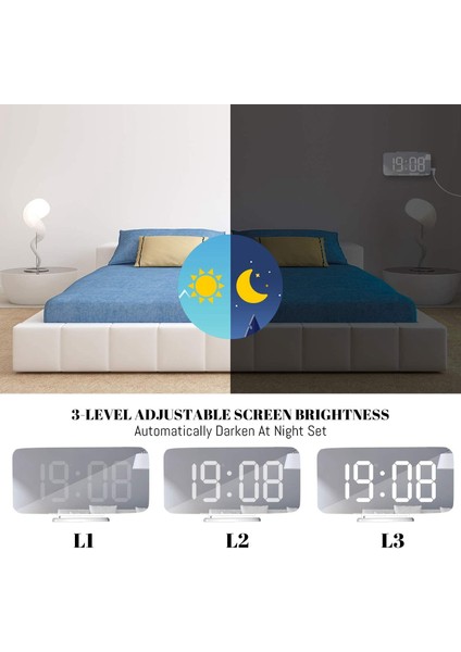 Dijital Çalar Saat Aynalı LED Ekran, USB Şarj Cihazı, Erteleme Fonksiyonu Loş Modu Yatak Odası Için Masa Saatinin Yanında Beyaz (Yurt Dışından)