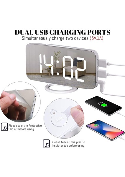 Dijital Çalar Saat Aynalı LED Ekran, USB Şarj Cihazı, Erteleme Fonksiyonu Loş Modu Yatak Odası Için Masa Saatinin Yanında Beyaz (Yurt Dışından)