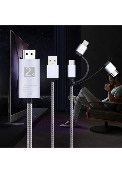 Mikro USB Tip C - 3'ü 1 Arada 2k Hdtv Tv Konektörü Monitör Android Akıllı Telefon Için USB Adaptör Kablosu (Yurt Dışından)